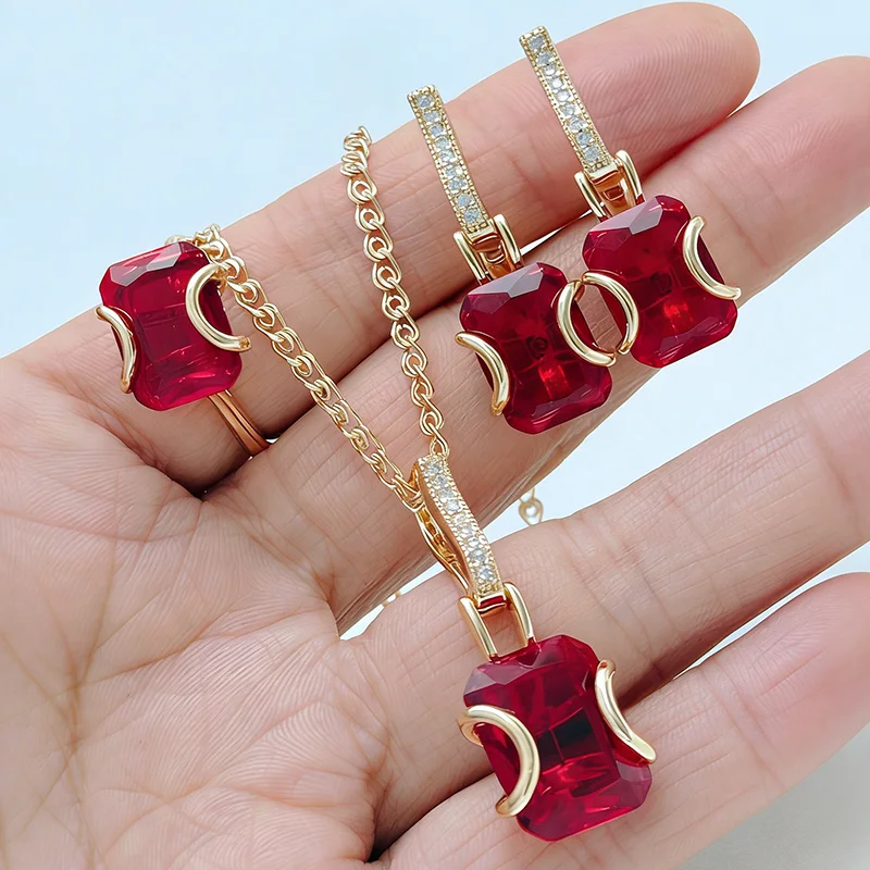 Kinel glänzendes rotes Schmuckset mit natürlichem Zirkon für Damen, modisch, 585er Roségold, Ring, Ohrringe, Halskette, 3-teiliges Vintage-Schmuckset