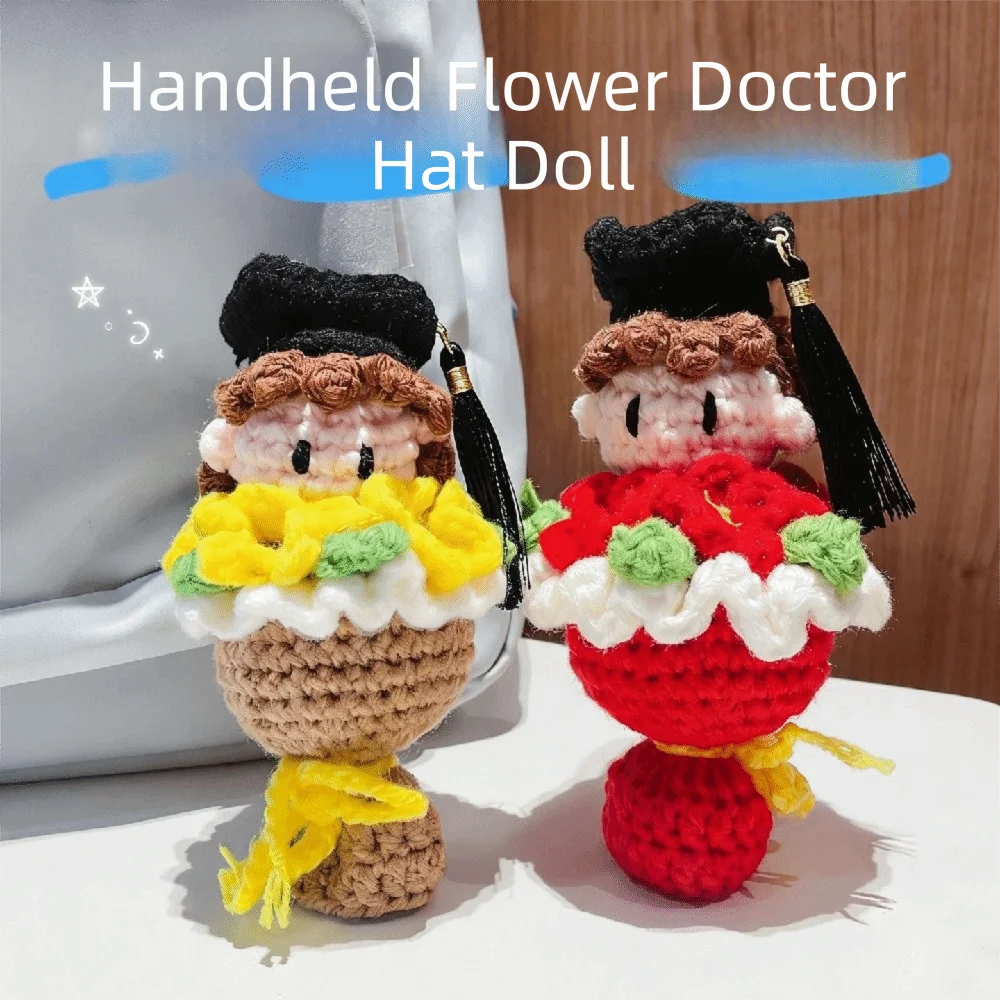Funny Knitted Graduation Doll 13cm Cute Crochet Bouquet with Doctoral Cap Kawaii Handheld Flower Doll Graduation Gift
