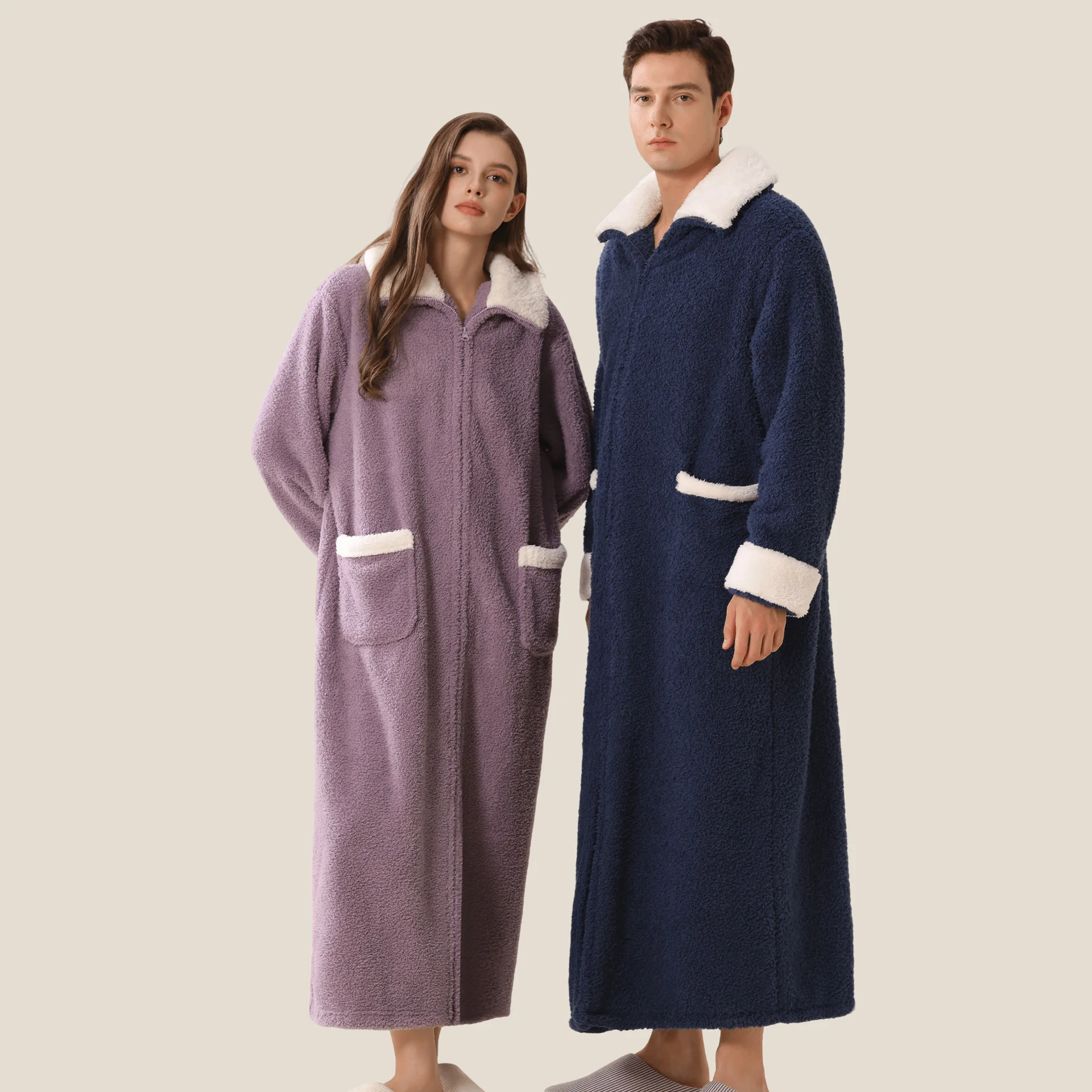 New Women's Zipper Nightgown for Autumn and Winter Lengthened Thickened Simple Bathrobe Warm and Wearable One-Piece Pajama