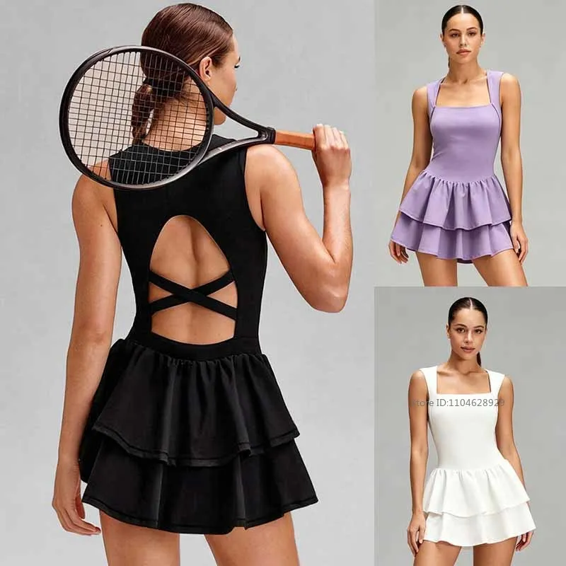 Women Cross Backless Tennis Dress Built-in Bra and Shorts Ruffle Pleated Sports Dress Ladies Workout Golf Athletic Cake Skirts