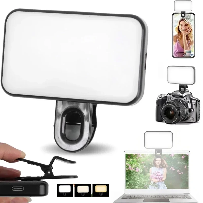 

Portable Mini Selfie Fill Light 3 Color Modes Adjustable Brightness Rechargeable Clip on Mobile Phones Computers Photography
