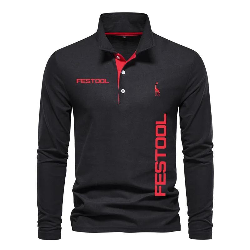 Spring autumn long sleeve men's T shirt POLO shirt Festool tools print High quality lapel 100% cotton Men's sweatshirt