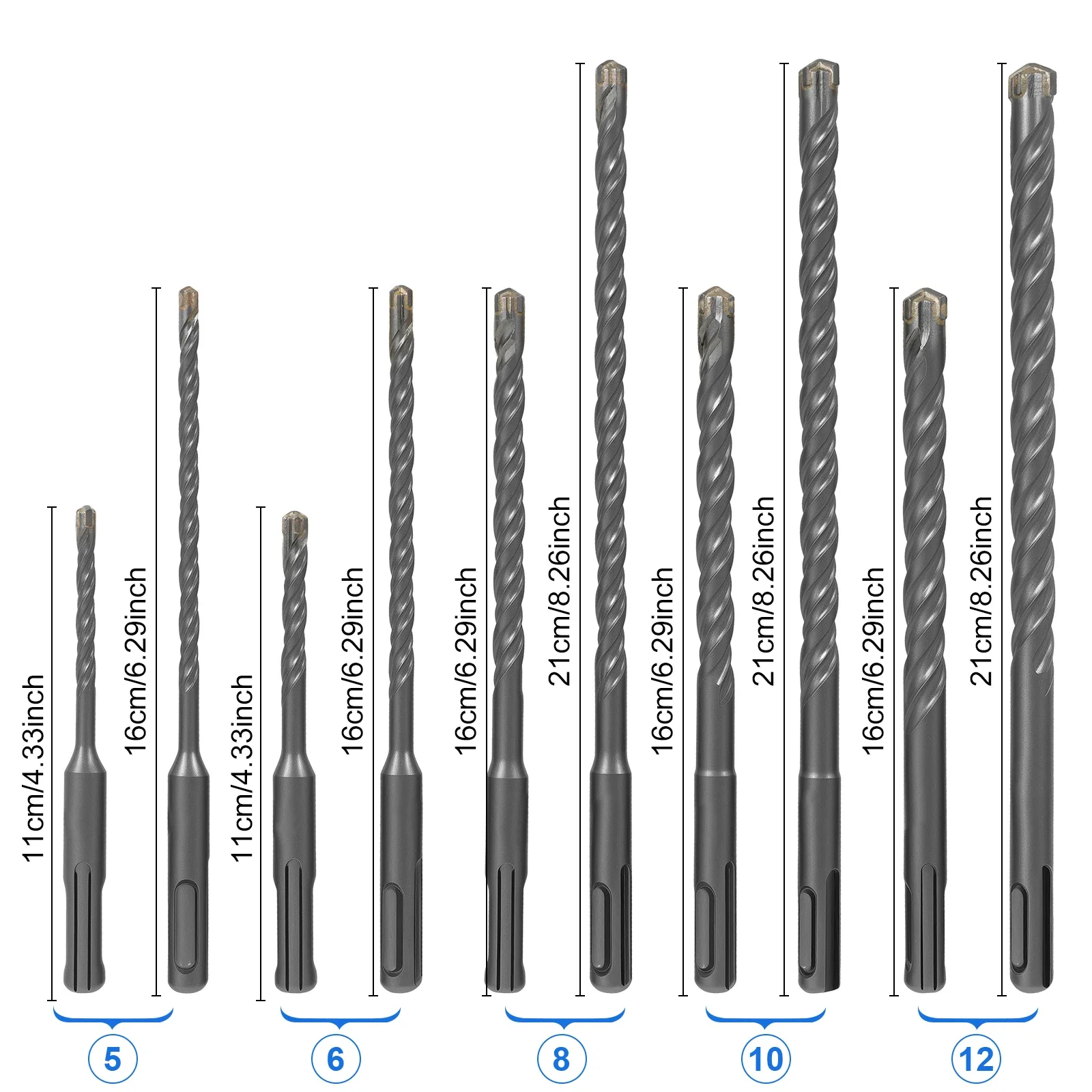 10Pcs SDS Plus Hammer Impact Drill Bit Set 5mm to 12mm Carbide Rotary Hammer Drill Bits Easy to Use for Stone Concrete Granite