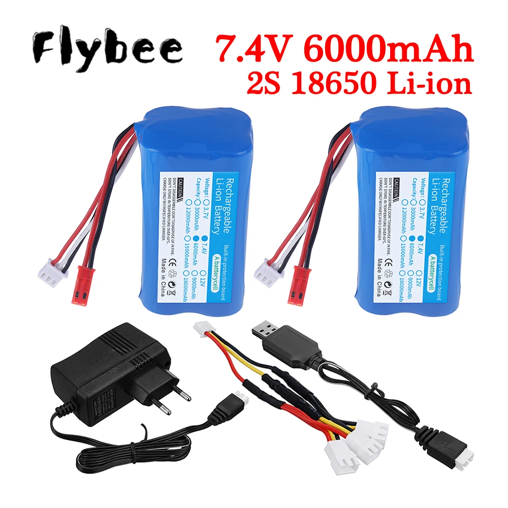 2S 18650 Battery Pack 7.4V 6000mAh Lithium Ion Battery for Large Electric Toys Cars Trucks Backup batteries 65*36mm (JST Plug)