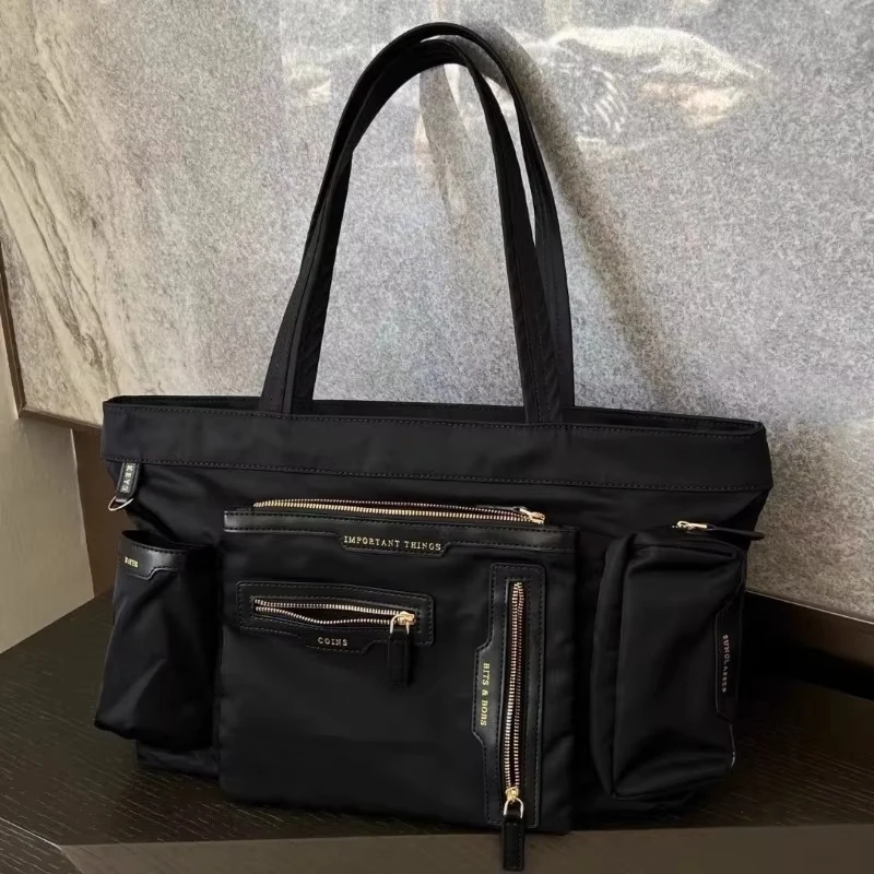 

Multi Functional Handbag Multiple Pockets Large Capacity Zipper Tote Bag Business Trips Practical Black Shoulder Shopping Bag