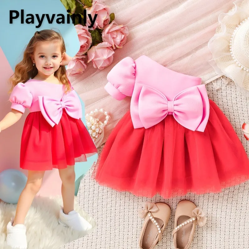 

Infant and Toddler Sweet Princess Dresses Summer Pink Red Patchwork Color Big Bow Mesh Dress Girls Birthday Party Wear Y6869