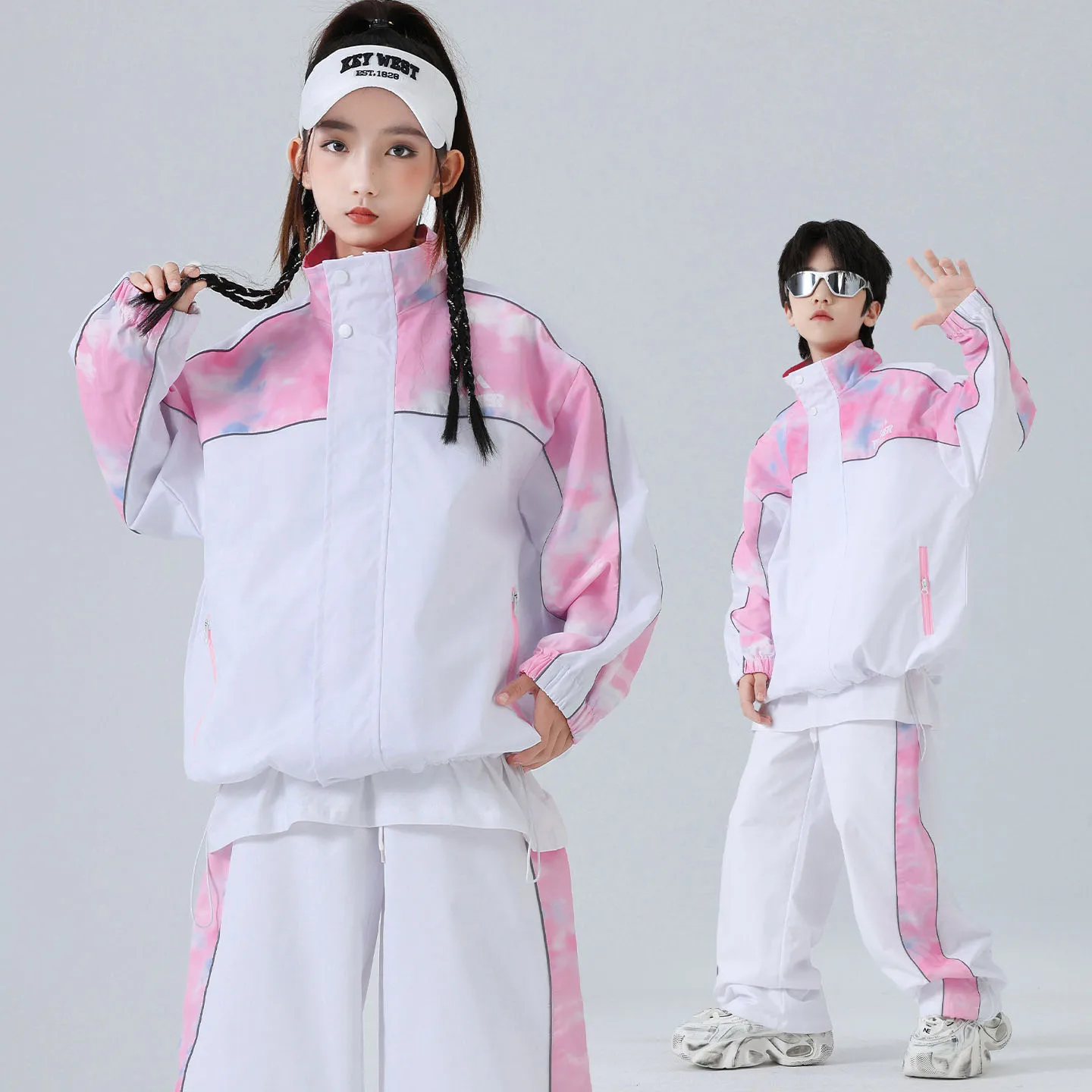 キッズK-POPヒップホップ服 ホワイトピンクプリント ウィンドブレーカージャケット カジュアルワイドパンツ 女の子男の子 ストリートダンスコスチュームセット服
