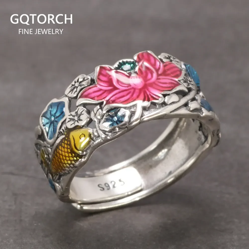 

Sterling Silver S925 Women's Enamel Carp Lotus Ring Antique Hollowed Out National Style Jewelry