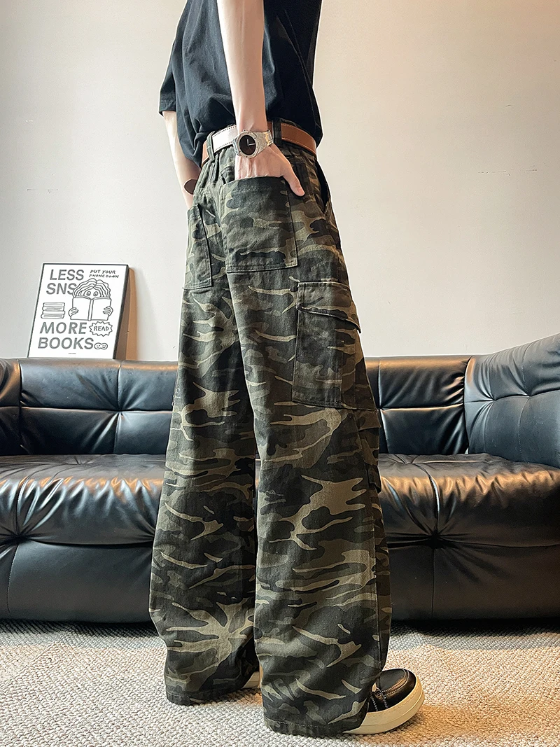 Amerikanische Retro-Camouflage-Arbeitshose für Herren, mehrere Ketten, lockere Jeans mit weitem Bein, lange Hose, Jugend-Freizeitkleidung, Sommer