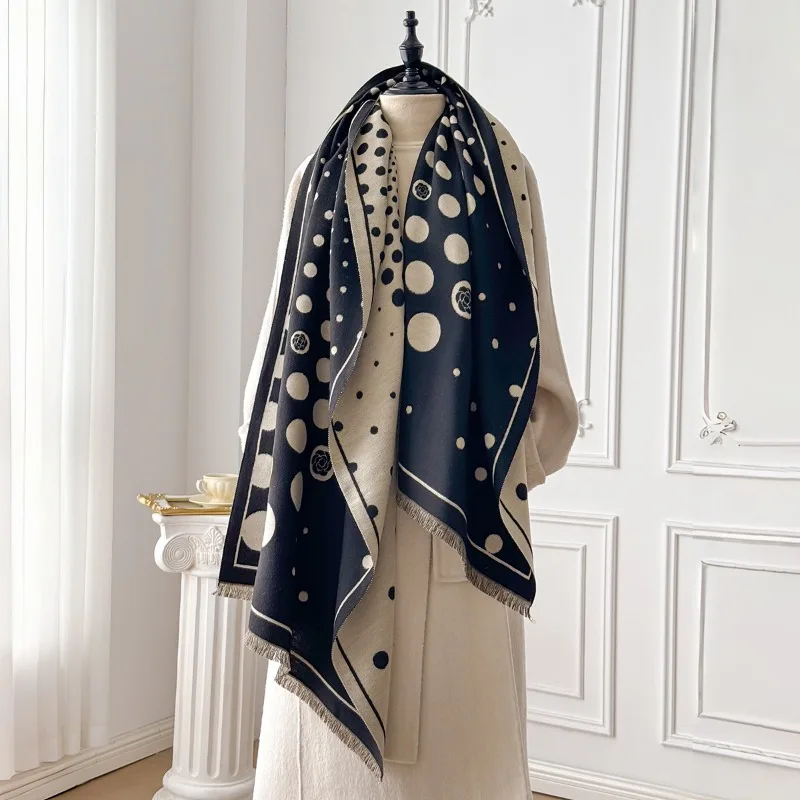 

Женский зимний универсальный шарф из искусственного кашемира, двусторонний, с геометрическим узором в горошек, утолщенный, теплый, в скандинавском стиле, защищающий от холода, теплая шаль