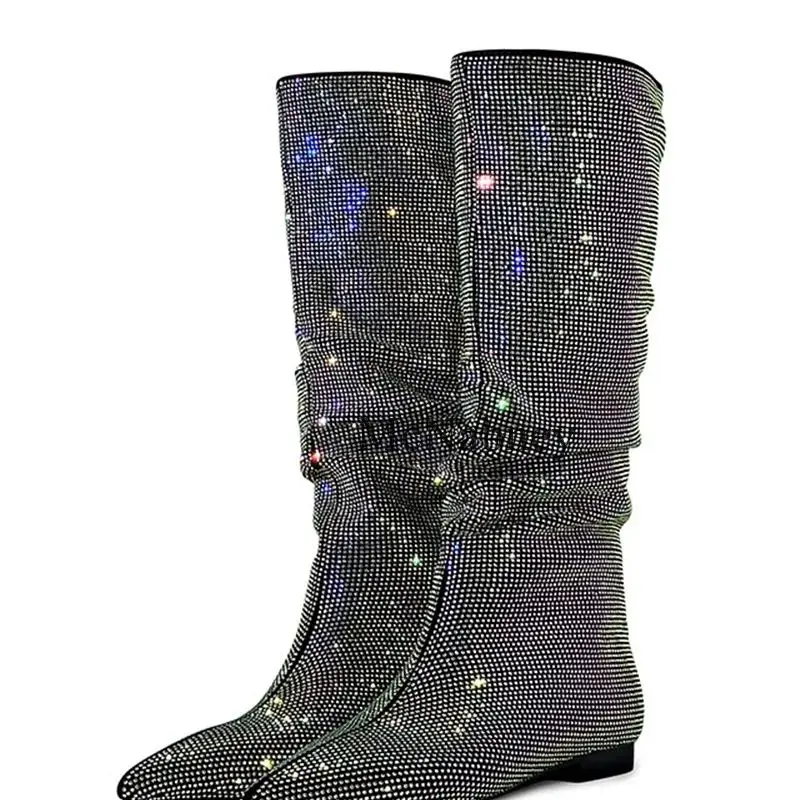 

Sexy Nightclub Style Flat Women Knee-High Boots With Rhinestone Pointed Toe Low Heel Slip On Design Comfortable Fashionable