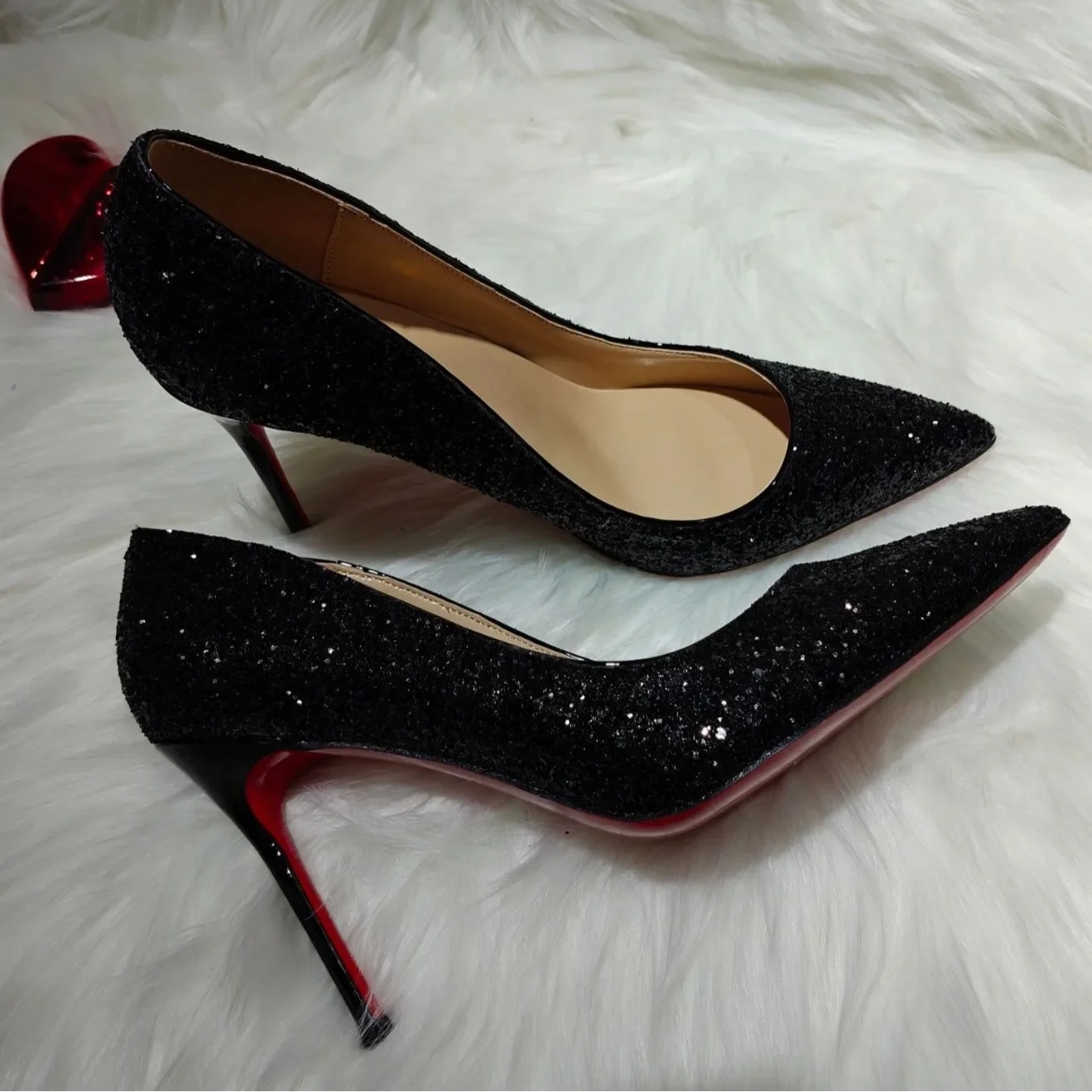 

Sparkling Women's Summer Autumn Black High Heels Stiletto Heels Red Sole Sequined Pointed Toe Professional Light Single Shoes
