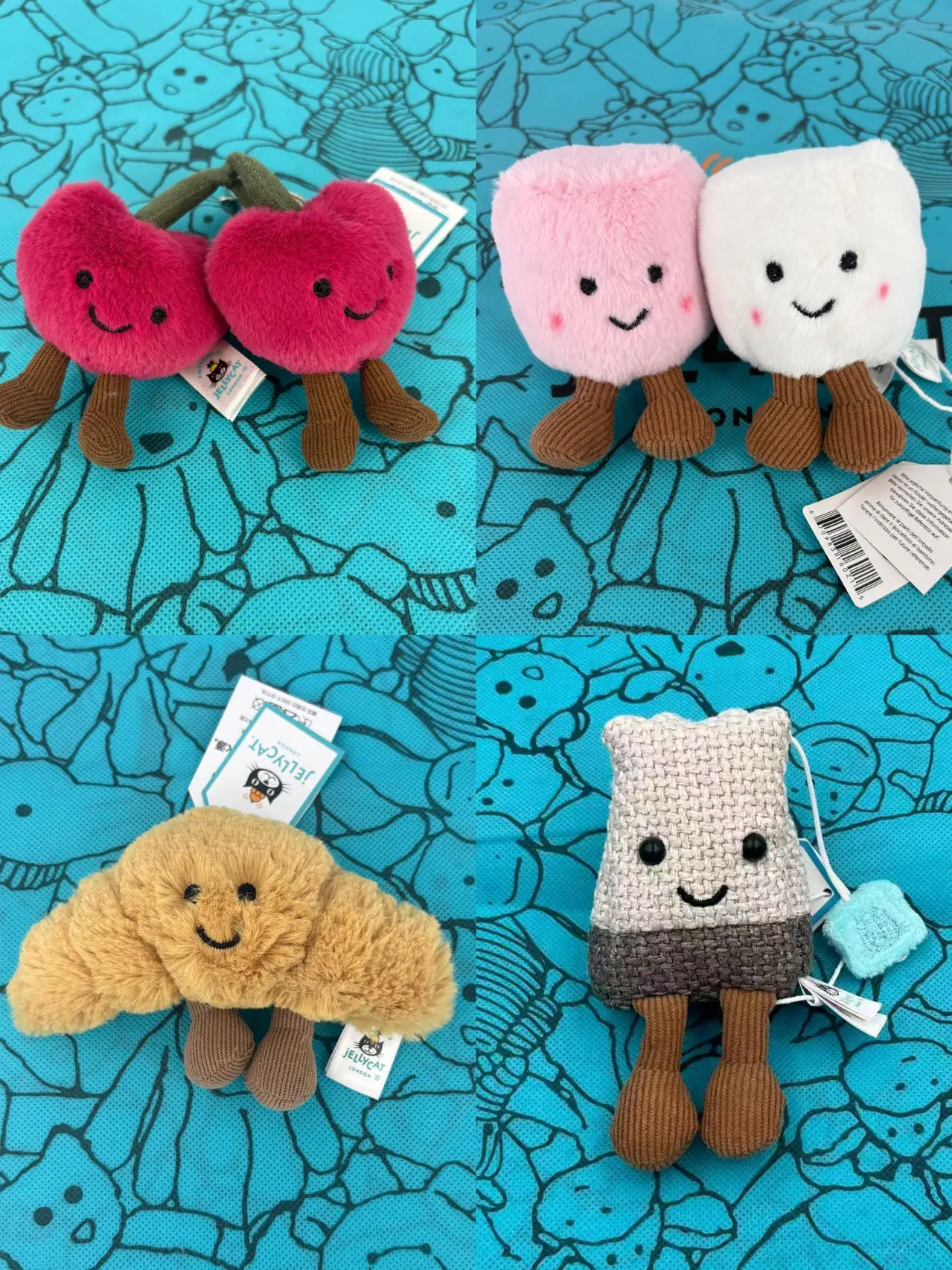 

Hot JC New Cotton candy, cherry, tea bag, peanut, dragon, crepe, croissant, capybara bag, keychain, and hanging orname