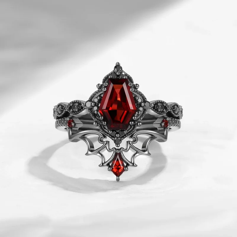 2 Stück/Set Modischer Eingelegter Roter Synthetischer Zirkonia Schwarzer Doppelschichtiger Ring Damen Gothic Täglicher Schmuck Accessoires Geschenke – Detail 4