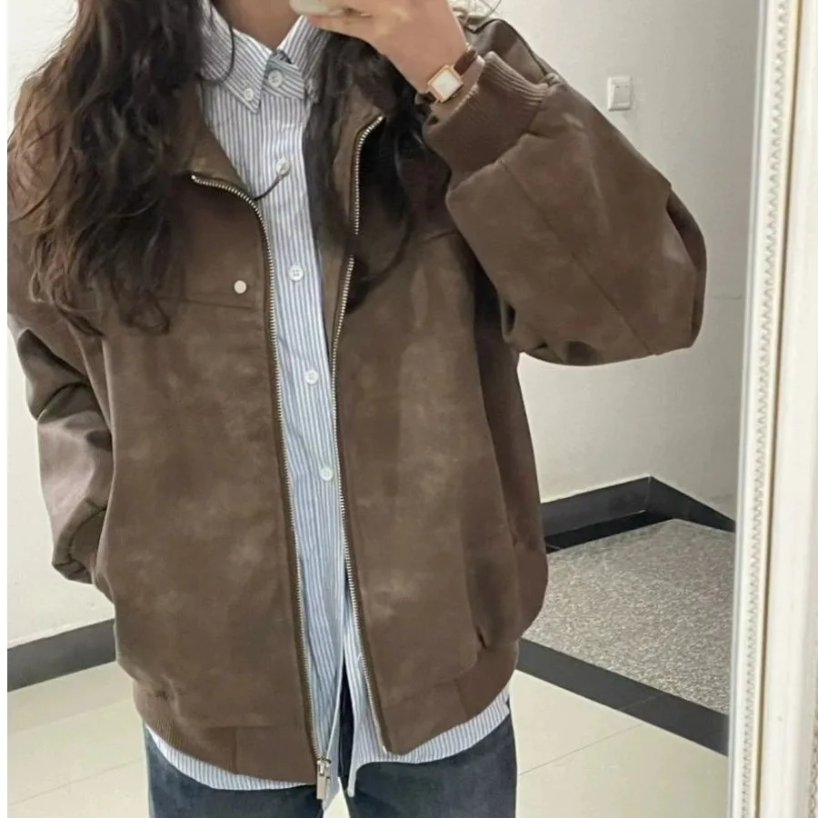 Retro American Coffee-Colored Women's Jacket Loose Casual Versatile Ins Motorcycle Jacket Top for Autumn 2026 Polyester Fiber