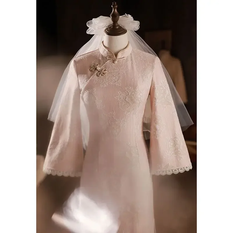 

Розовое платье Cheongsam с перевернутыми рукавами в китайском стиле, винтажное платье Qipao, женские свадебные костюмы, элегантное длинное Ципао от S до XXL