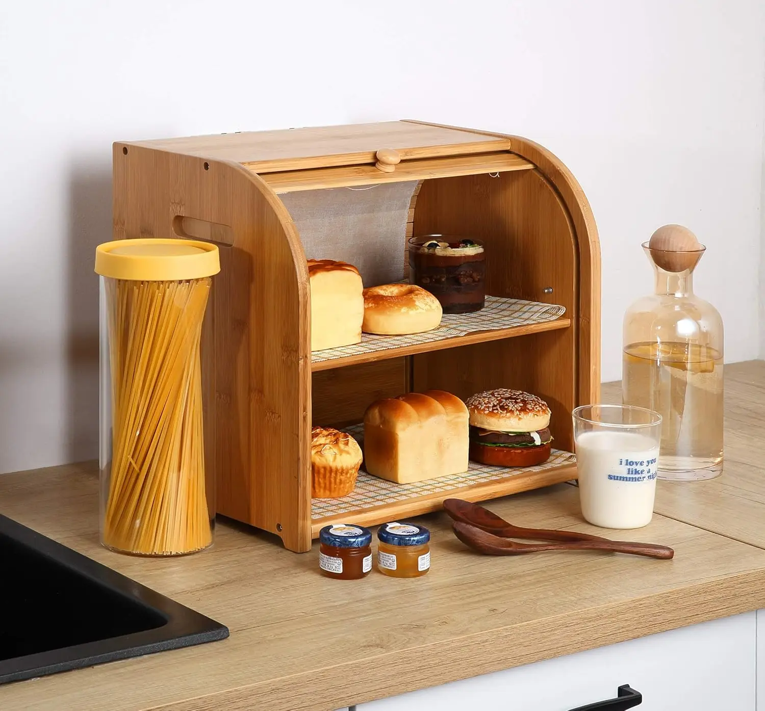 Bamboo 2 tier Bread Box- Kitchen Food  Bin display Countertop Shelf, Space Saving Bread Keeper with Adjustable Shelf, Wooden Lar