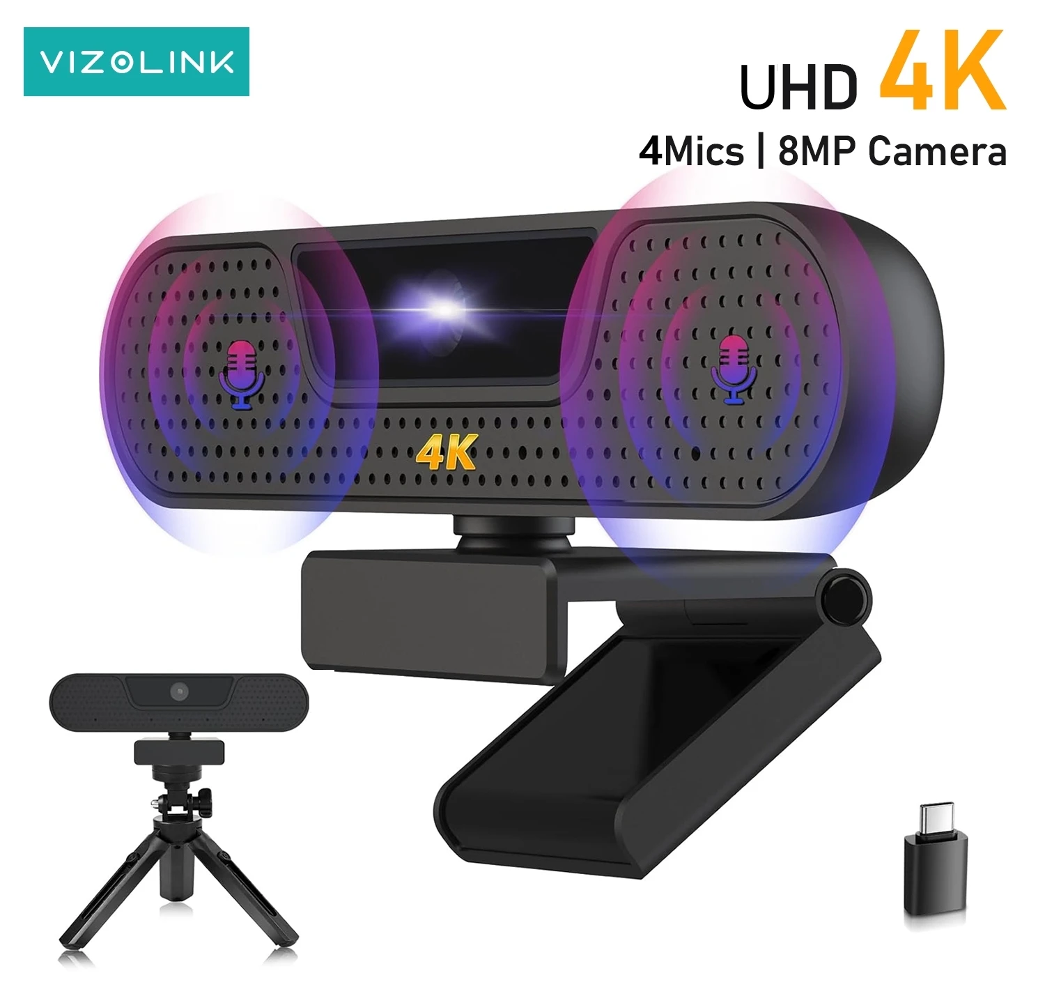 

Vizolink 4K UHD Webcam 8MP Sensor 4 Noise Cancelling Mics Auto Focus 85° Wide Angle Privacy Cover Streaming PC USB Web Camera