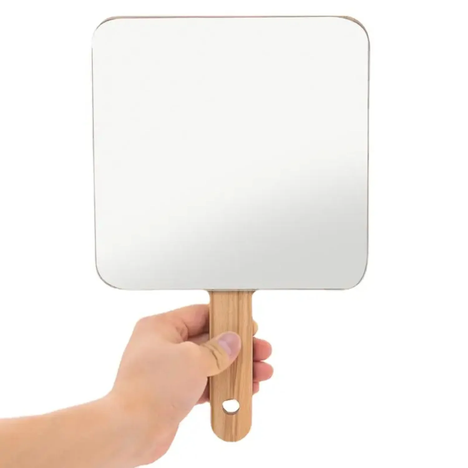 Rewritten Title: Portable Handheld Makeup Mirror with Wooden Handle, HD Travel Wood Grain Finish Compact Beauty Mirror | Wood Gr