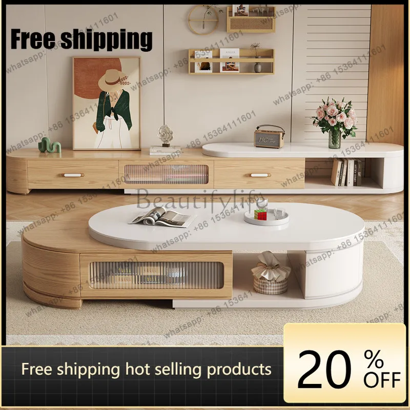 Factory Direct Sales Solid Wood Log Wind Oval Telescopic Coffee Table TV Cabinet Combination Slate Simple