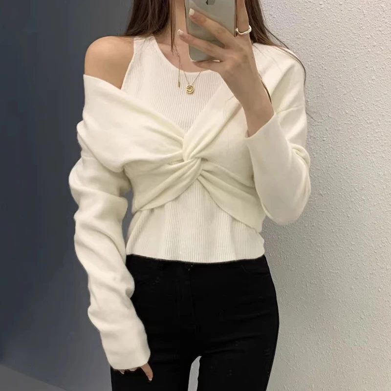 Korejpaa Korean Fashion Pullovers Autumn Round Neck Splicing Pull Femme Fake Two Piece Twisted Off Shoulder Knitted Sweater Top