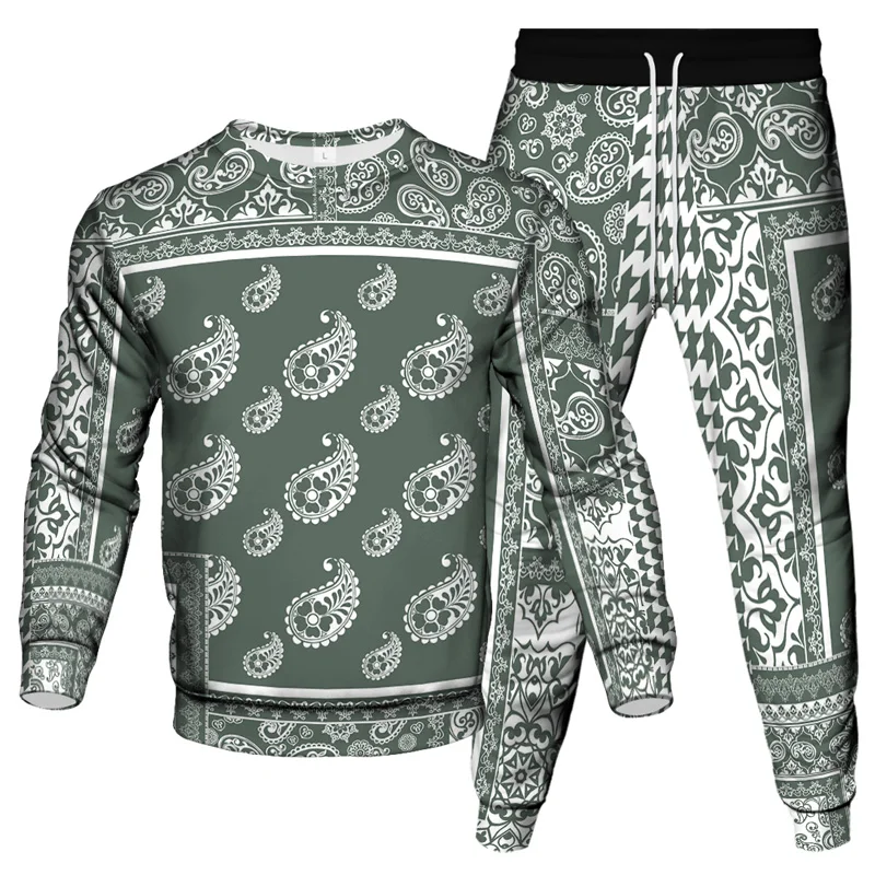 Cashew Flower Paisley Pattern Print New Men Fashion Tracksuit Sweatshirt Jogging Pants 2 Piece Set Clothing Outdoor Casual Suit