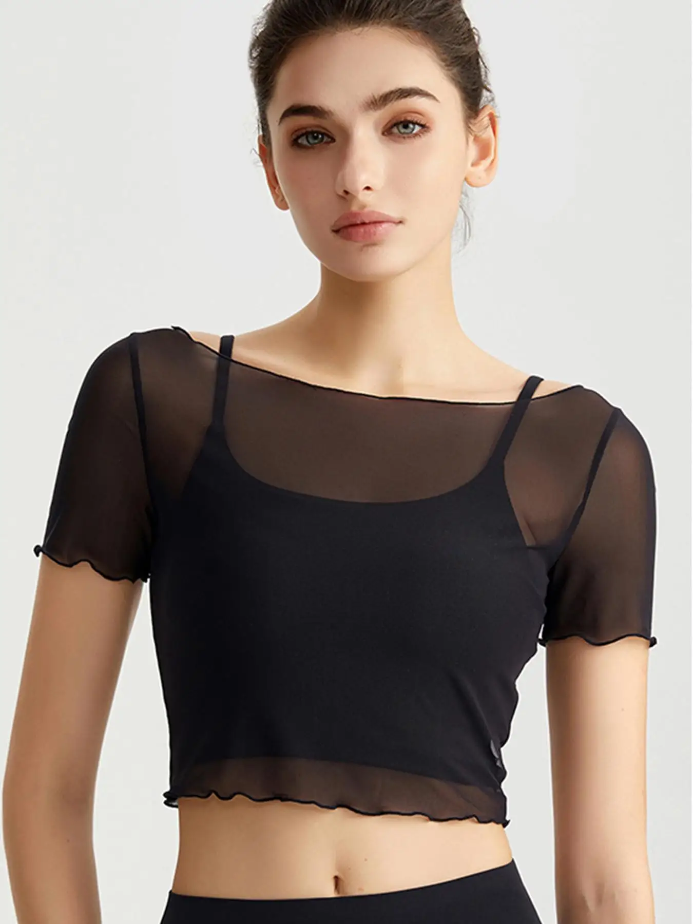 Women's 2 Piece Yoga Top Set, Cami Tank and Sheer Mesh Short Sleeve Crop Top for Gym Pilates Fitness