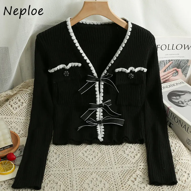 Neploe Autumn Winter Vintage Sweater Jacket V Neck Stripe Contrast Color Outerwear Bandage Bowknot Long Sleeve Cardigan Mujer