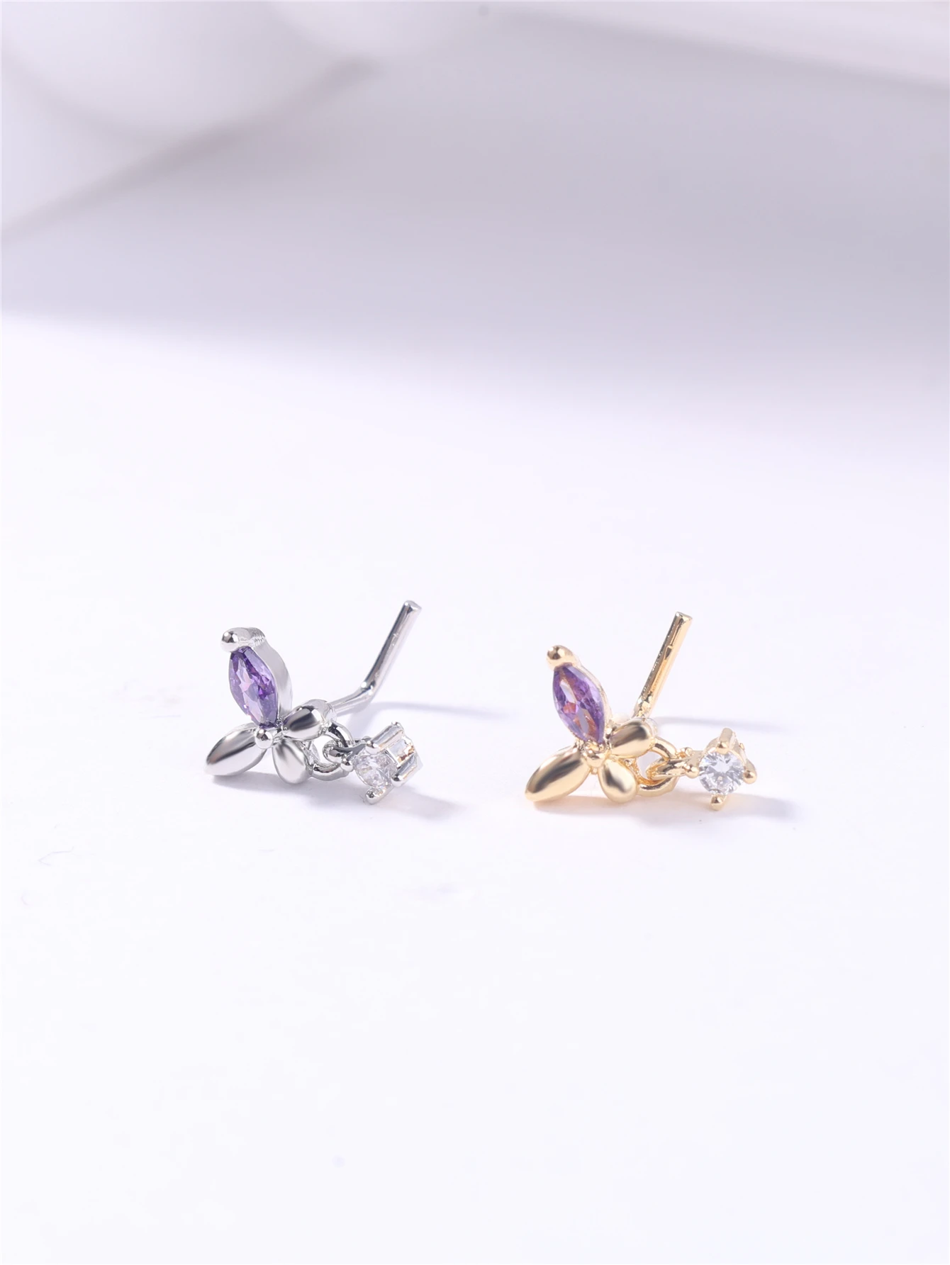 20G L Shaped Dangle Nose Studs CZ Cute Butterfly Design Gold Silver Color Dangling Nose Piercing for Women Girl Nostril Jewelry