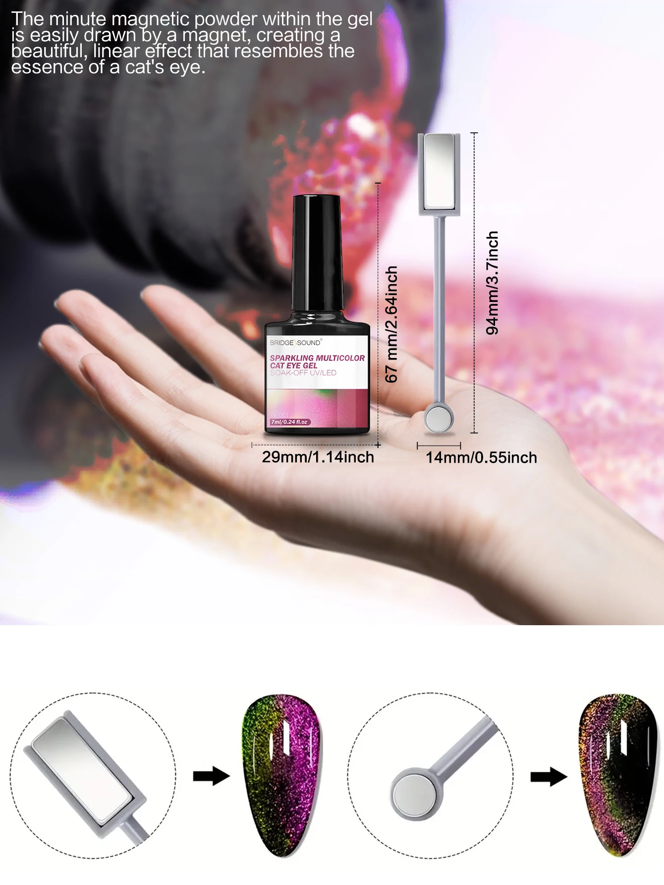 BRIDGESOUND 1/6개 스파클링 캣 아이 젤 세트(자석 스틱 포함), DIY 네일 아트 키트.UV/LED 경화, 다이나믹 멀티컬러 쉬머&스파클