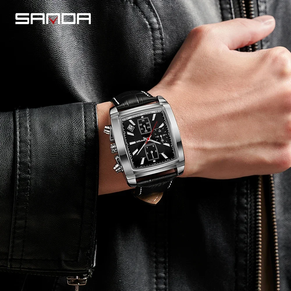 SANDA-reloj analógico de negocios para hombre, cronógrafo de cuarzo rectangular luminoso con correa de cuero elegante para deporte y trabajo