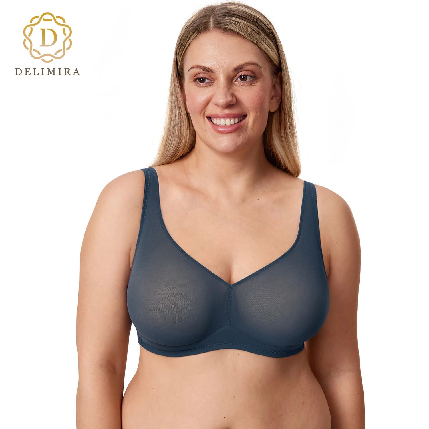 

DELIMIRA Women's Cosnufy Sheer Mesh Bra No Underwire Full Coverage Plus Size Unlined Bras