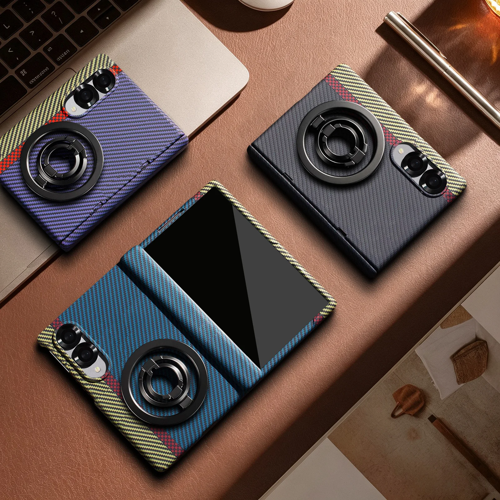 Magnetic 360° Rotating Ring Kickstand Case Carbon Fiber Texture For Samsung Galaxy Z Fold 8 Wide with Built-in Tempered Glass