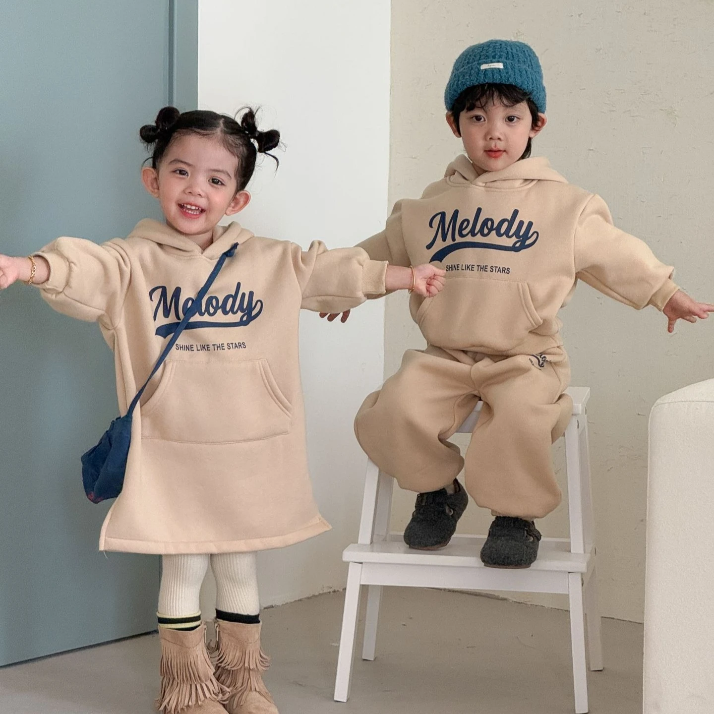 Set 2026 Autumn and Winter New Childrens Clothing Boys and Girls Letter Plus Velvet Hoodie Two-piece Dress Brother and Sister