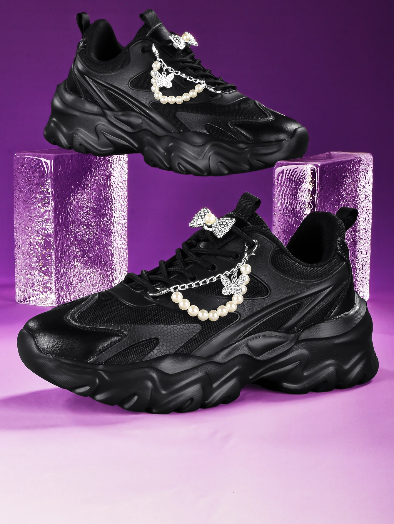 Women's 2026 Sweet-Cool Style Thick-Soled Dad Shoes with a 5cm Height Increase, Creative DIY Detachable Accessory Design, Versatile Black Casual Sneakers, Lightweight Breathable Mesh Fabric Upper, Can Be Freely Paired with Silver Rhinestone Bow and Butterfly Pearl Chain Decorations, Round Toe Lace-Up Design, Eva Wave Soft Elastic Non-Slip Sole, Suitable for All Seasons and Multiple Occasions, Trendy Women's Shoes