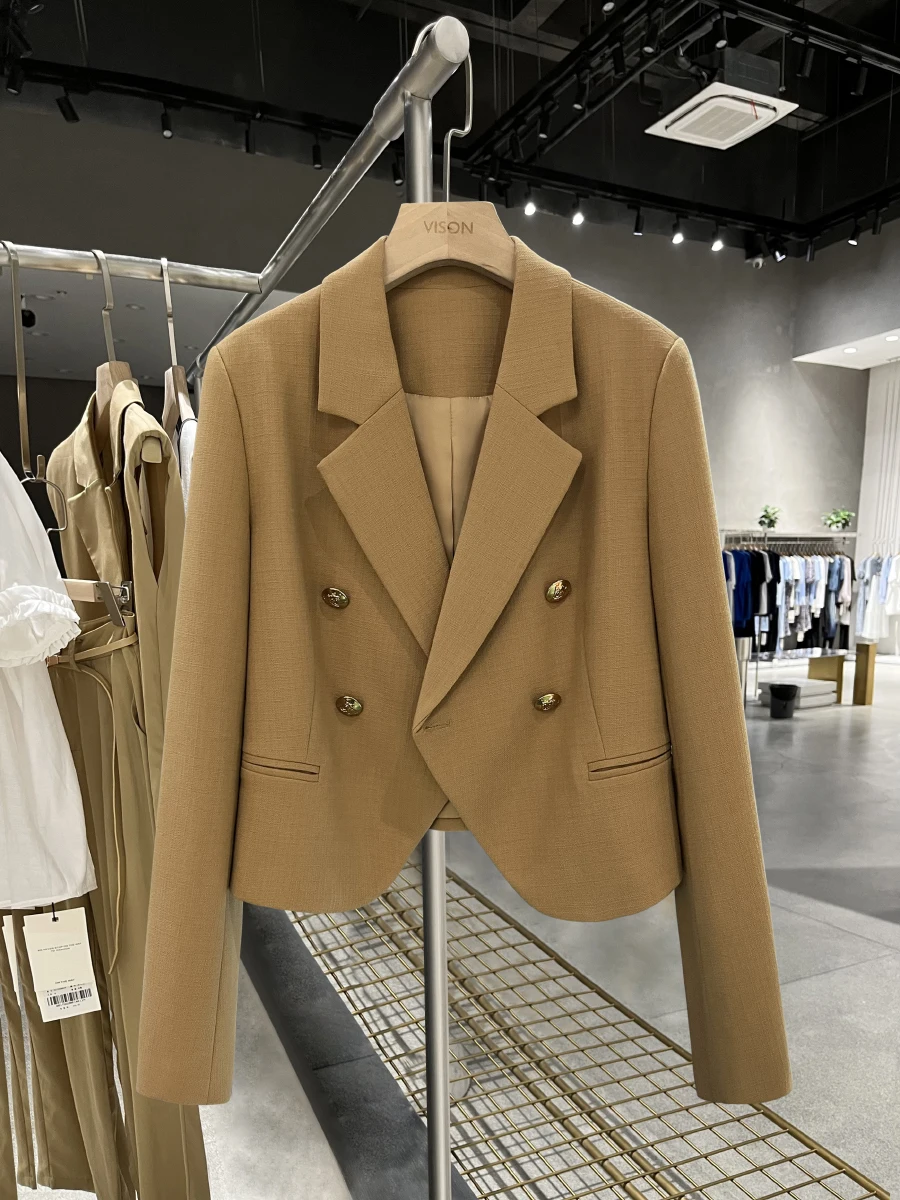 

Chic ort Women's Suit Jaet in Camel Retro Briti Sle Spring Autumn New Faion Small Western Clothes Top Polyester