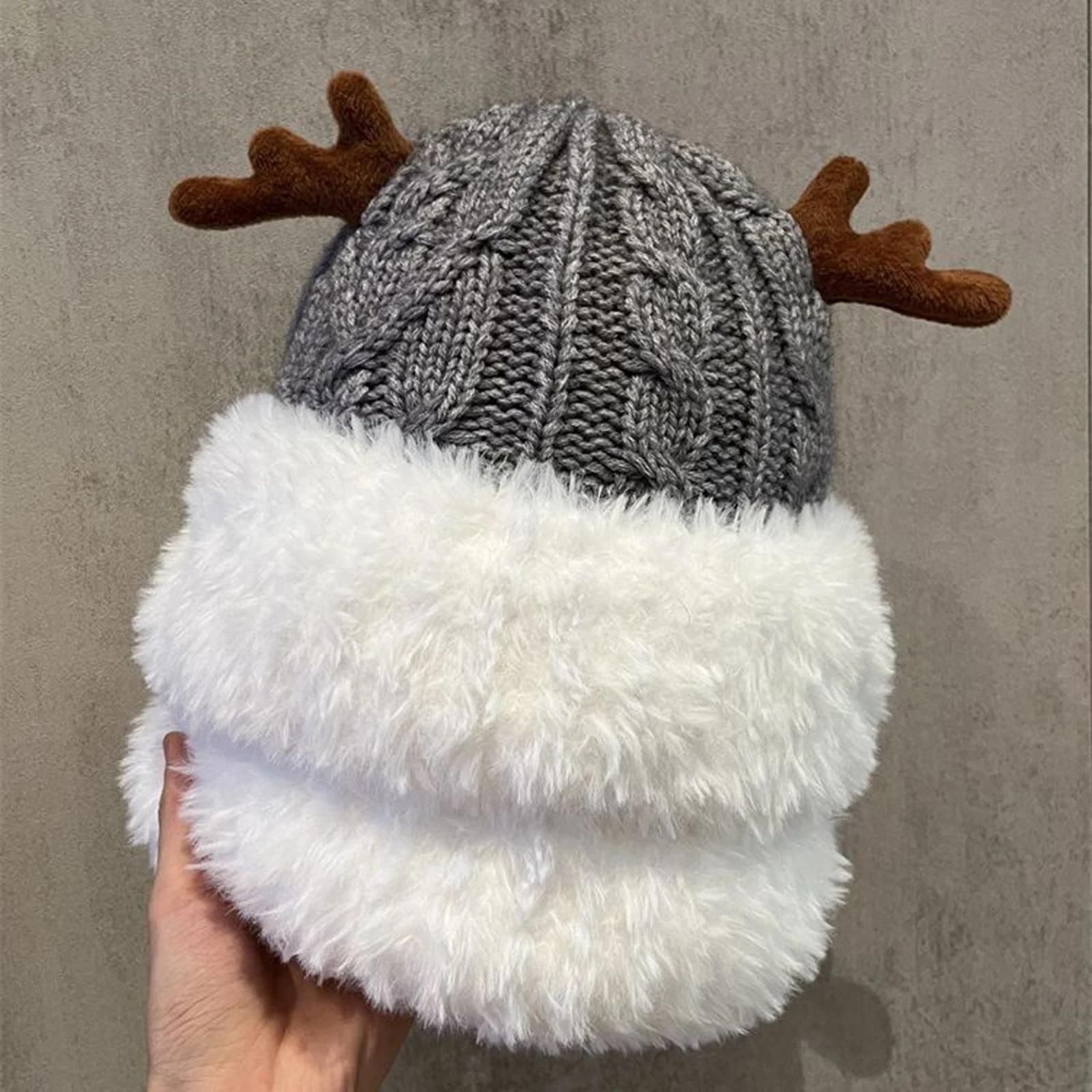 Reindeer Knitted Beanie for Women Winter Warm Fur Antler Hat Soft Thick Skullies Hats for Outdoor Activities Casual Caps