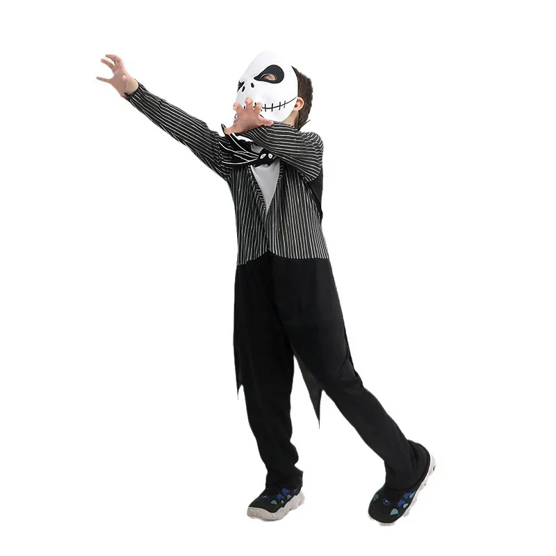 Il pesadelo prima di Natale Jack Costume Cosplay Bambini Jack Skellington Costume Tuta e maschera Vestito Abiti di Halloween Ragazzi