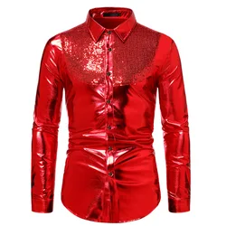#4609 Shiny Sequins Shirt Men Long Sleeve Dance Clubwear Hip Hop Shirt Mens Shirts Regular Fit Black Gold Silver Blue Red