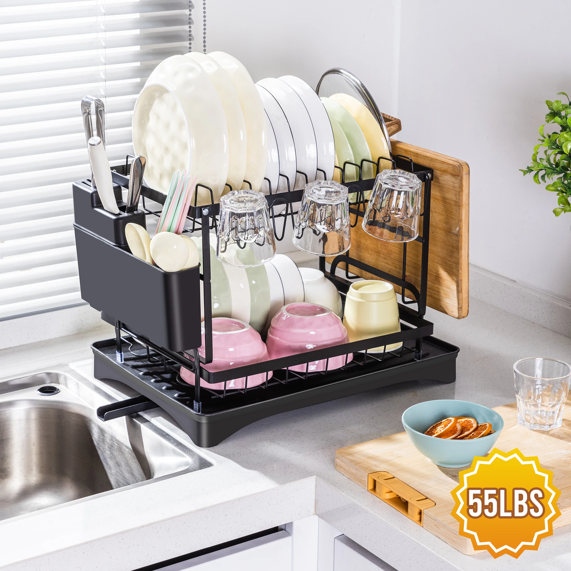 

Deli 2-уровневая металлическая сушилка для посуды для кухонной стойки и раковины, с держателем для посуды, разделочная доска для хранения, сушилка для посудомоечной машины