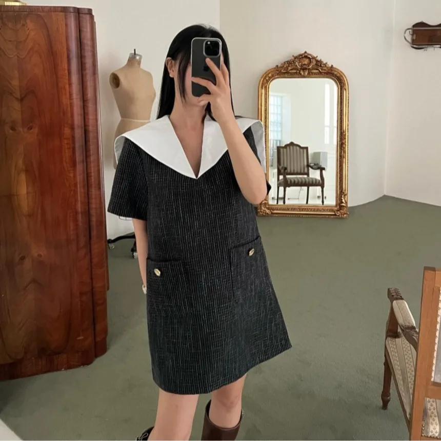 

Spring New Sle Women's A-Line Dr Naval Collar Turn-down Collar Coarse Weave Long Dr Versatile Korean Sle Casual Wear