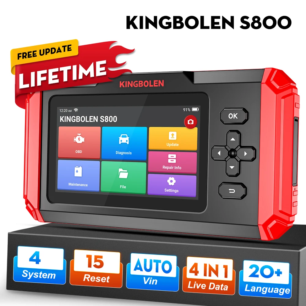 KINGBOLEN S800 OBD2 Scanner Car Diagnostic Tool 4 System Engine/TCM/ABS/SRS Automotive Scan with 15 Reset TPMS GEAR Brake Reset