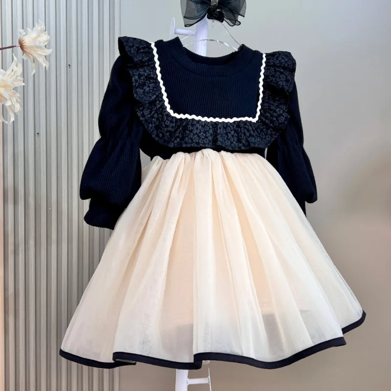 

New Girls' Dress Autumn Winter Puffy Tulle Fleece Lined Princess Dress Stylish Mesh Dress