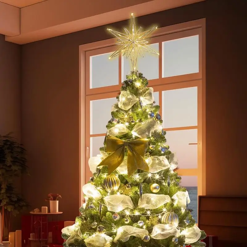 Árbol de Navidad Explo sion estrella decoración luz LED alimentado por batería Topper diseño hueco brillo árbol Topper Decoración