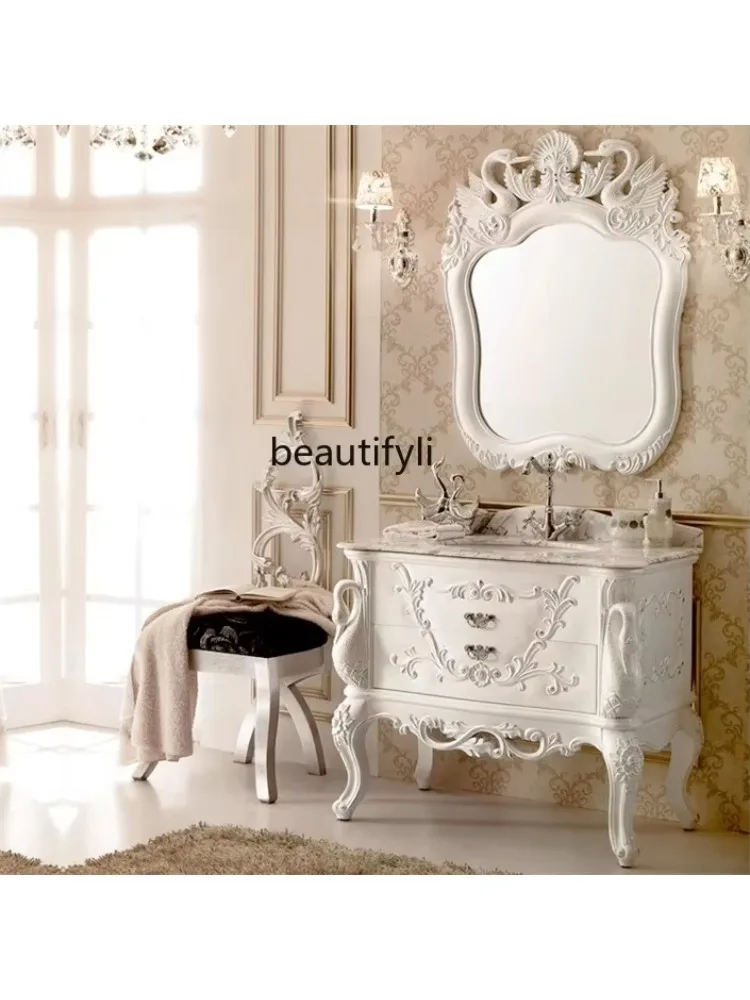 European-Style Bathroom Cabinet Wash Basin Antique Marble Countertop Oak Carved Bathroom Table