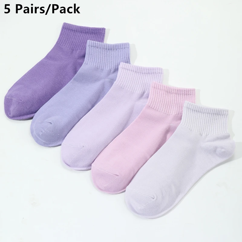 

5 Pairs/Pack Women Spring Summer Thin Cozy Breathable Romantic Purple Ankle Socks Fit EU36-39