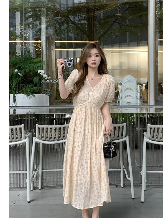 

plus Size Women's Floral Print Bubble Sve Maxi Dr Summer New Sle Agel Waist Cinched Chiffon Dr Korean Sle