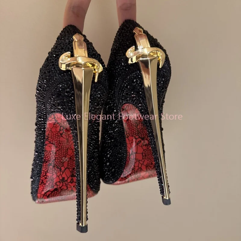Gold Shiny Crystal Sword Shaped Pointed Thin High Heels Women Sexy Shallow Slip On Pumps Luxury Fashion Evening Party Dress Shoe