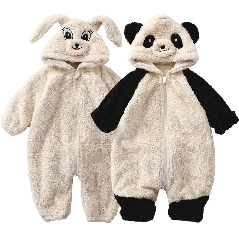 Baby Winter Romper Fleece Cartoon Panda Bunny Hooded Jumpsuit for Boy Girl Clothes Soft Loungewear Thicken Toddler Infant Onesie