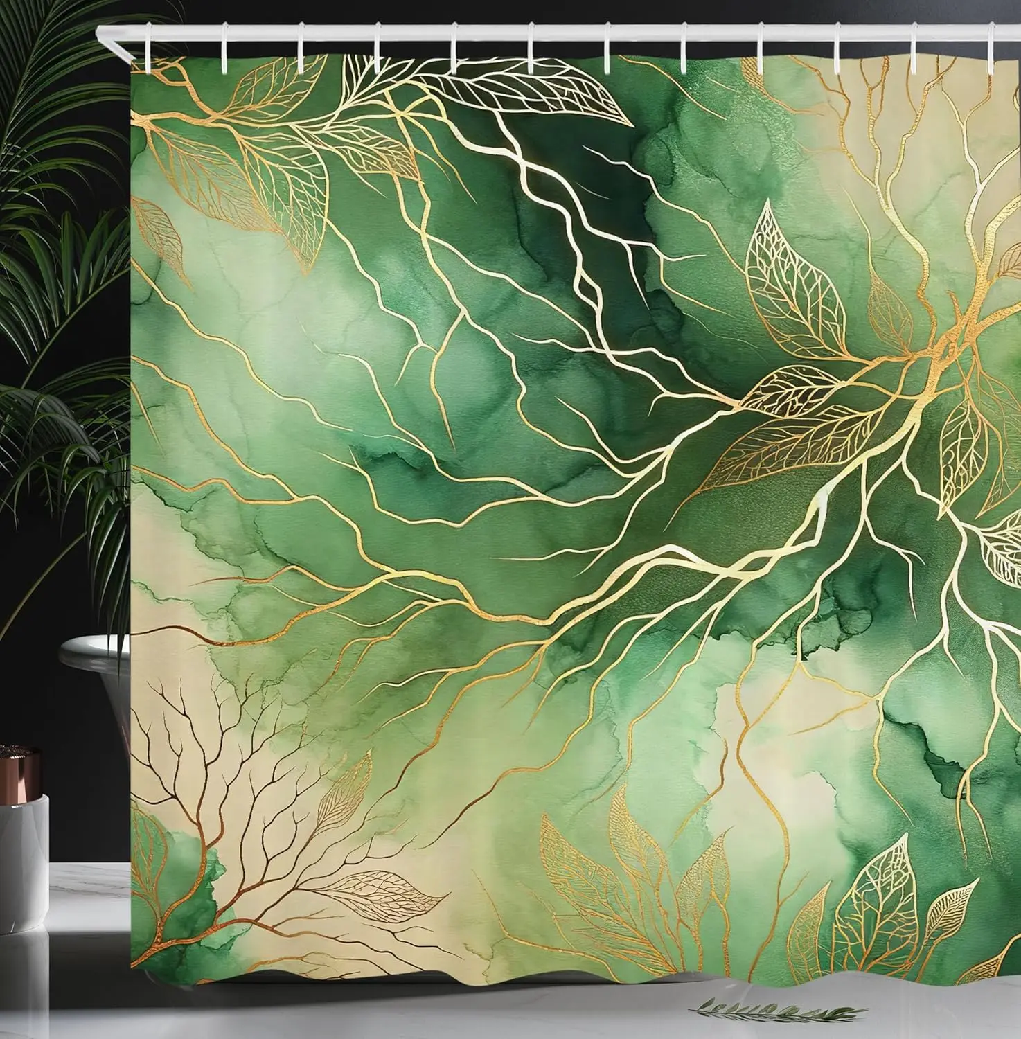 

Green Watercolor Leaf Shower Curtain With Gold Veins And Abstract Nature Design Water Resistant Fabric Boho Modern Bathroom